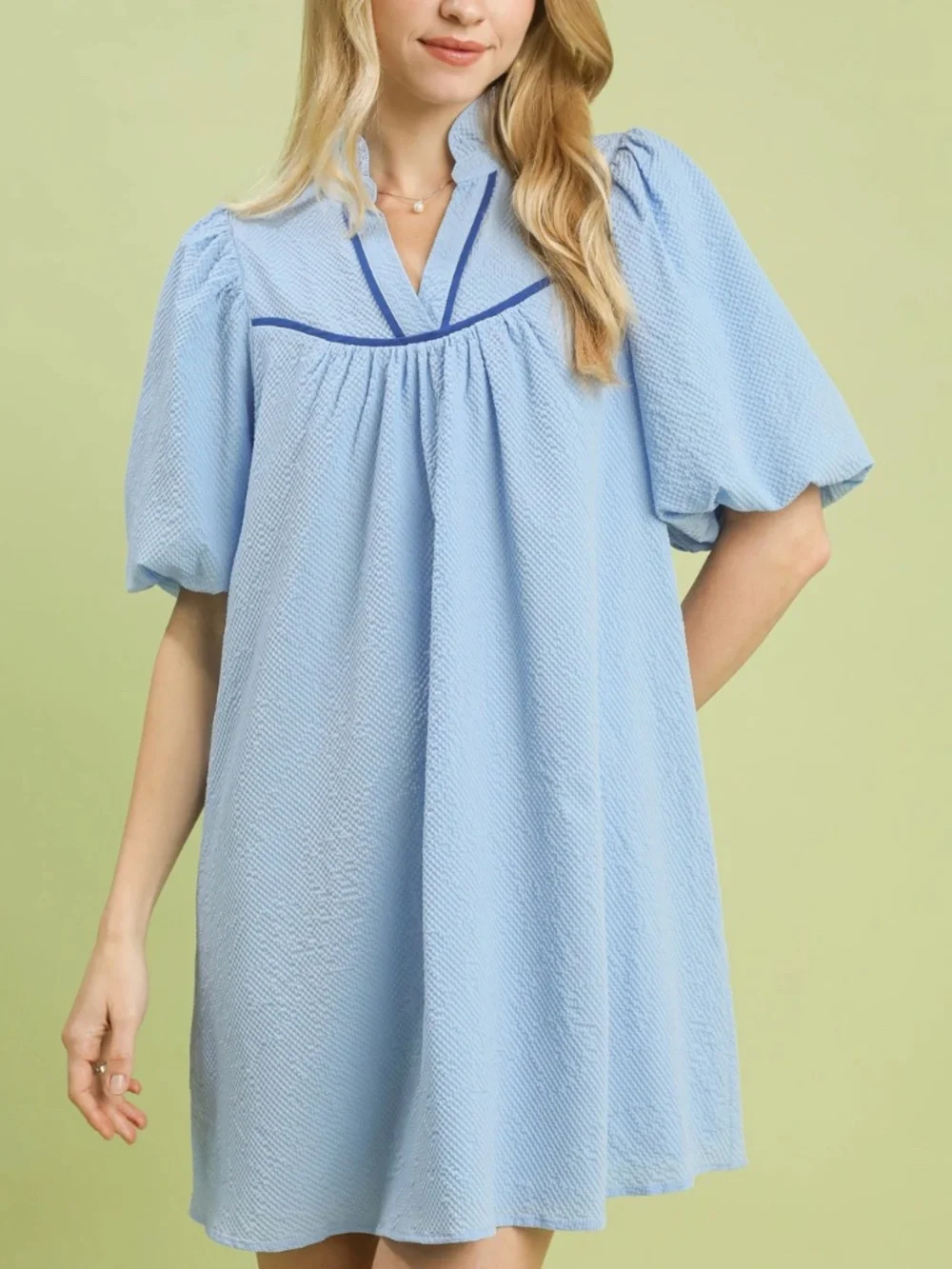 Umgee Seersucker Dress with navy detail